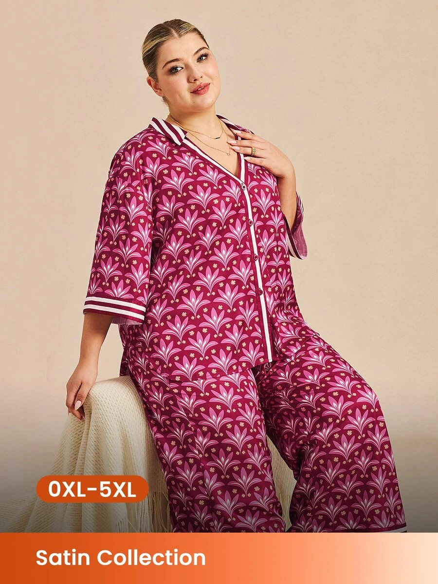 LUVLETTE Plus Size Women's Cute Vibrant Burgundy Satin Sleep Set - Pattern Pajamas With Contrast Trim Lively Nightwear Curve Pyjama Graphic - Pink - View 1