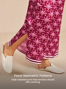LUVLETTE Plus Size Women's Cute Vibrant Burgundy Satin Sleep Set - Pattern Pajamas With Contrast Trim Lively Nightwear Curve Pyjama Graphic - Pink - View 9