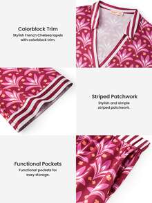 LUVLETTE Plus Size Women's Cute Vibrant Burgundy Satin Sleep Set - Pattern Pajamas With Contrast Trim Lively Nightwear Curve Pyjama Graphic - Pink - View 3