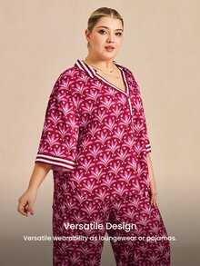 LUVLETTE Plus Size Women's Cute Vibrant Burgundy Satin Sleep Set - Pattern Pajamas With Contrast Trim Lively Nightwear Curve Pyjama Graphic - Pink - View 7