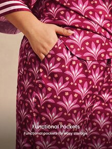 LUVLETTE Plus Size Women's Cute Vibrant Burgundy Satin Sleep Set - Pattern Pajamas With Contrast Trim Lively Nightwear Curve Pyjama Graphic - Pink - View 4