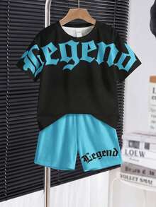 Kids Tween Boy Casual Comfortable Fashion Minimalist Crew Neck Short Sleeve T-Shirt & Shorts Set - Multicolor - View 4
