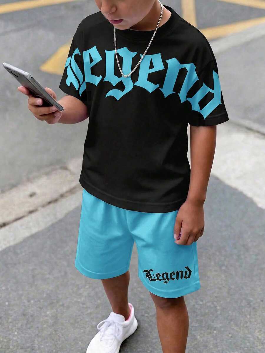 Kids Tween Boy Casual Comfortable Fashion Minimalist Crew Neck Short Sleeve T-Shirt & Shorts Set - Multicolor - View 1