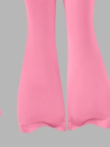 SHEIN 女童可愛3D櫻桃貼花長袖T恤與粉色喇叭褲2件套休閒套裝，秋季冬季甜美運動服 - 粉色 - 查看 5