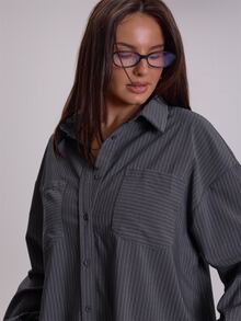 MUSERA Plus Size Blue Stripe Button Down Shirt Top Winter Fall Womens Outfit Casual - Grey - View 5