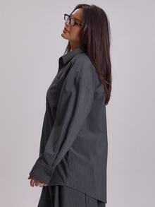 MUSERA Plus Size Blue Stripe Button Down Shirt Top Winter Fall Womens Outfit Casual - Grey - View 3