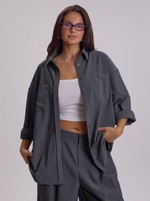 MUSERA Plus Size Blue Stripe Button Down Shirt Top Winter Fall Womens Outfit Casual - Grey - View 1