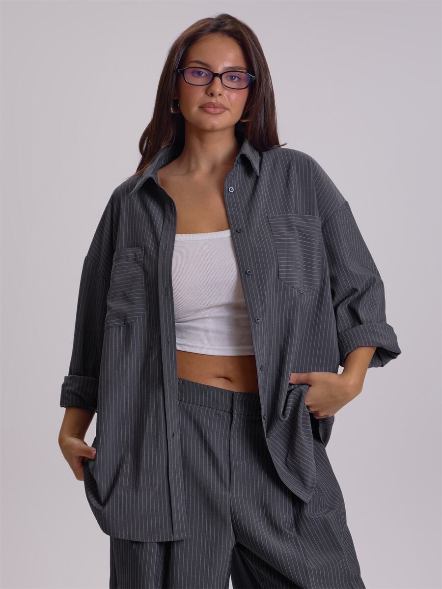 MUSERA Plus Size Blue Stripe Button Down Shirt Top Winter Fall Womens Outfit Casual - Grey - View 1