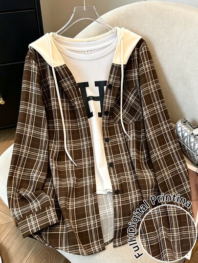 Resyla Women's Casual Spring/Autumn Back To School Hooded Patchwork Plaid Long Sleeve Shirt Thin Jacket, New Popular Top For Early Spring Everyday