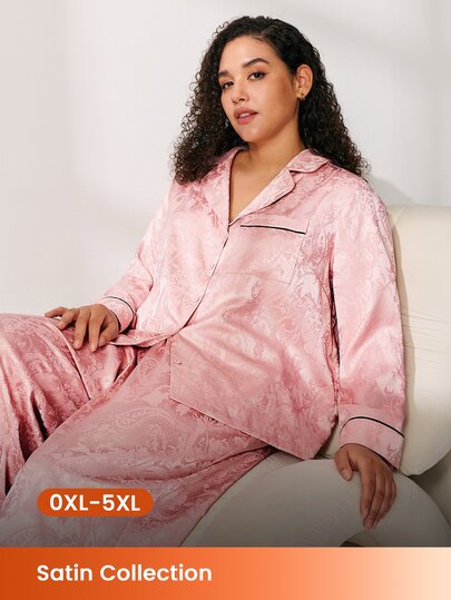 LUVLETTE Summer Breathable Plus Size Pink Satin Pajama Set - Long-Sleeve Top & Wide-Leg Pants With Black Trim Lightweight Lounge Wear Pyjama Wedding Items