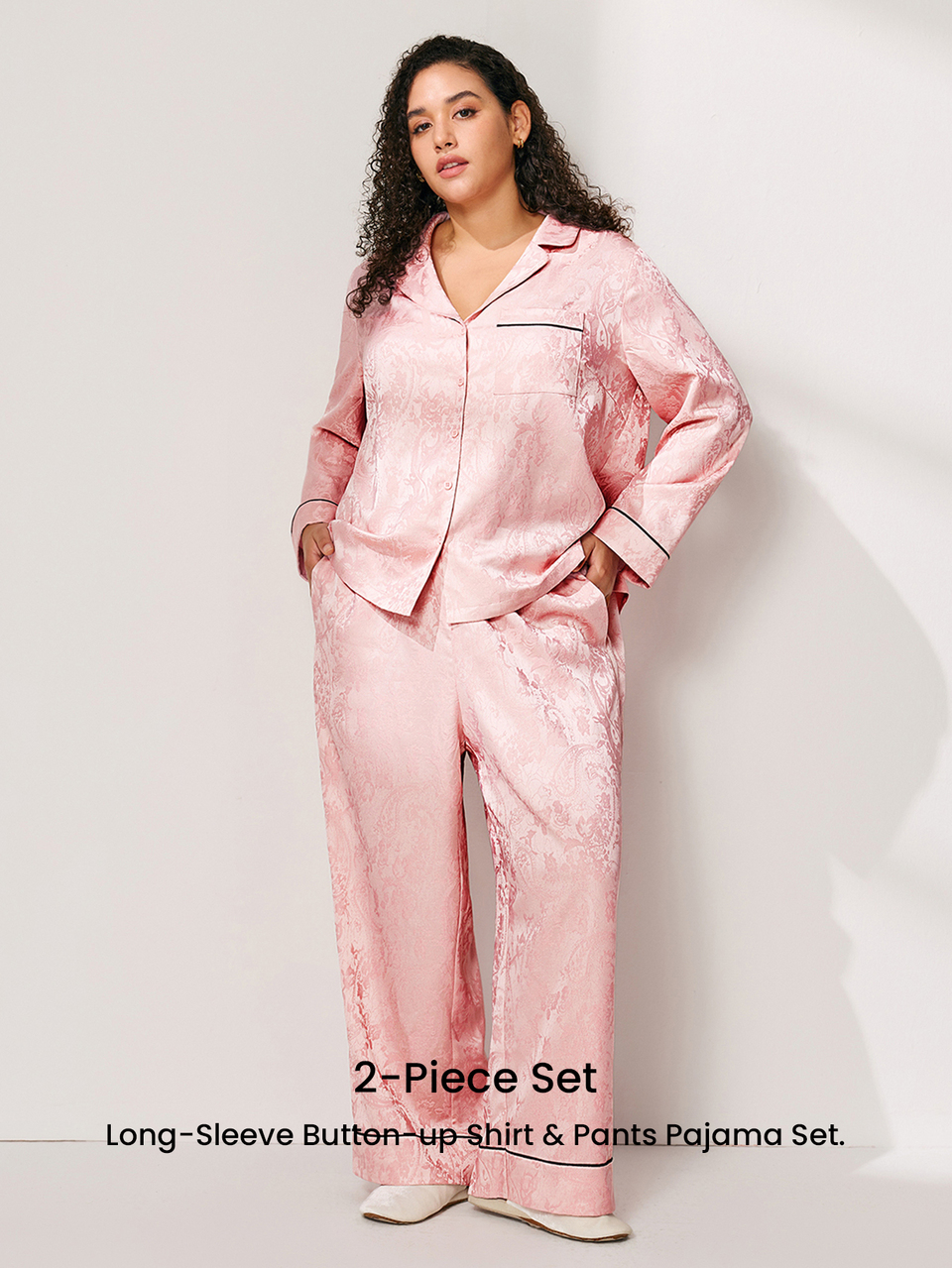 Plus Size Pink Satin Pajama Set