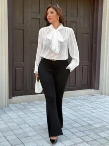 Easura Plus Size Soft French Lace Bowknot Blouse Office High Tea White Summer Elegant - White - View 4