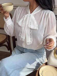 Easura Plus Size Soft French Lace Bowknot Blouse Office High Tea White Summer Elegant - White - View 1