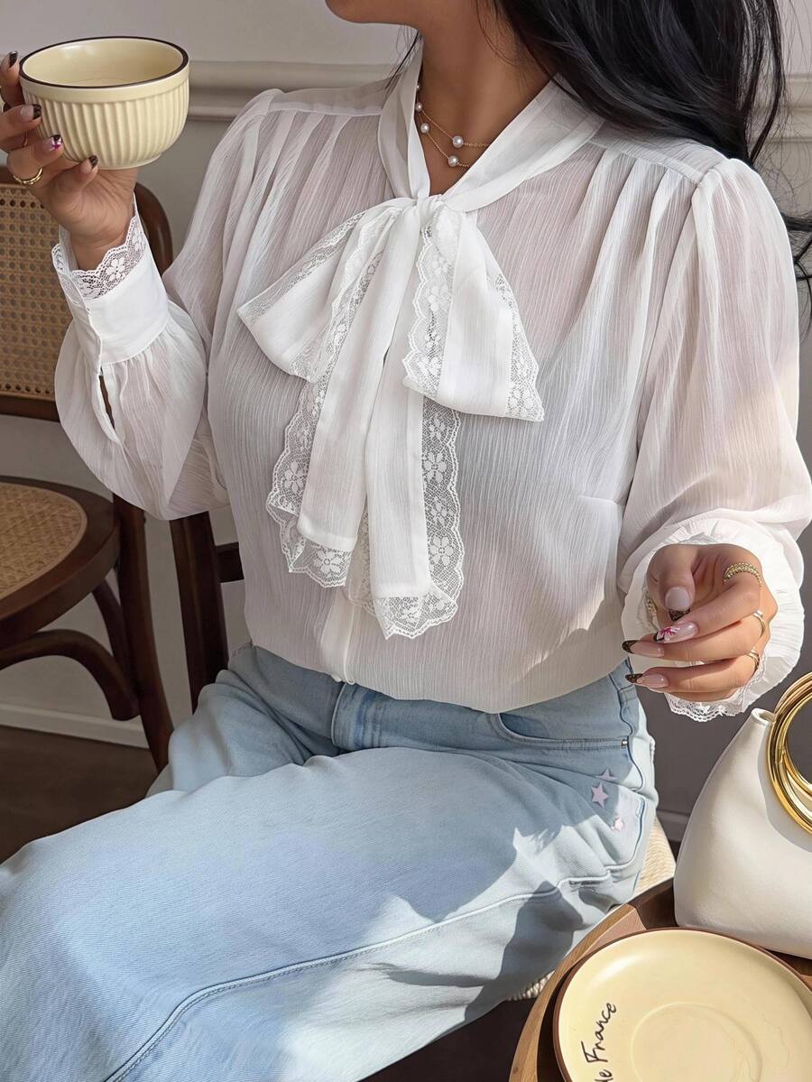 Easura Plus Size Soft French Lace Bowknot Blouse Office High Tea White Summer Elegant - White - View 1