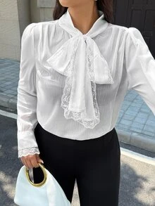 Easura Plus Size Soft French Lace Bowknot Blouse Office High Tea White Summer Elegant - White - View 5