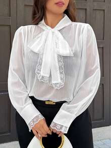 Easura Plus Size Soft French Lace Bowknot Blouse Office High Tea White Summer Elegant - White - View 7