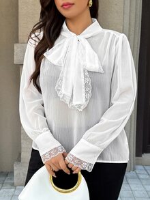 Easura Plus Size Soft French Lace Bowknot Blouse Office High Tea White Summer Elegant - White - View 3