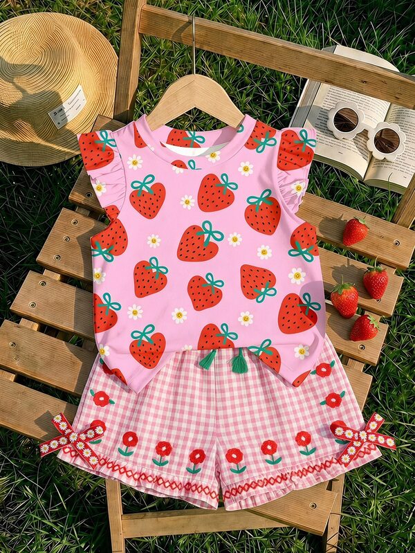 Cute Pink Heart Strawberry Bow Pattern, Baby Girl Casual Fashion Cute Flutter Sleeve Round Neck Top Suitable For Spring And Summer, Korean Style, Relaxed Comfortable, Fashionable Children's Wear, Y2K, Kawaii, Party, Daily, Vacation, Cute, Comfortable,
