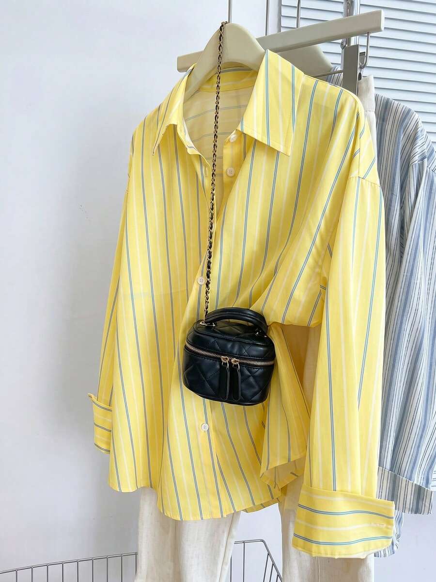 SHEIN 青少年女孩條紋輕量防曬襯衫,春夏季、度假、夏季、旅行 - 黃色 - 查看 1