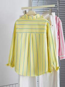 SHEIN 青少年女孩條紋輕量防曬襯衫，春夏季、度假、夏季、旅行 - 黃色 - 查看 2