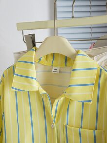 SHEIN 青少年女孩條紋輕量防曬襯衫，春夏季、度假、夏季、旅行 - 黃色 - 查看 3