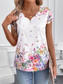 SHEIN Clasi 女款優雅白色碎花短袖上衣，休閒時尚春夏早午餐上衣，碎花度假穿搭 - 白色 - 查看 4