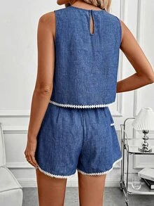 SHEIN Clasi 女士夏季休闲编织饰边吊带背心和短裤两件套 - 藍色 - 查看 2
