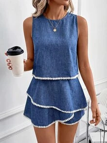 SHEIN Clasi 女士夏季休闲编织饰边吊带背心和短裤两件套 - 藍色 - 查看 6