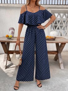 SHEIN Clasi 女款波點露肩休閒日常連身褲 - 藏蓝色 - 查看 5