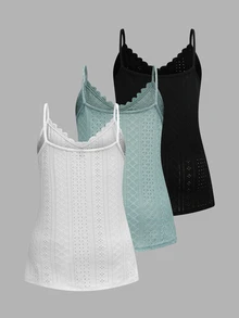 Breezaya 3pcs Set Plus Size Women Cutout Embroidery Splicing Water-Soluble Lace Camisole - Black and White - View 2
