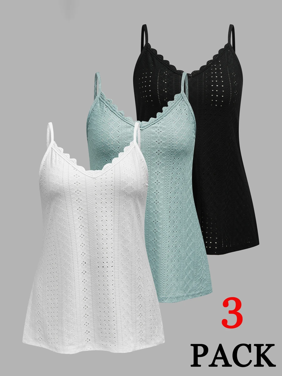 Breezaya 3pcs Set Plus Size Women Cutout Embroidery Splicing Water-Soluble Lace Camisole - Black and White - View 1