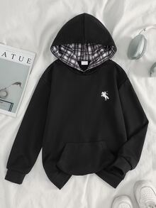 SHEIN 青少年女孩休閒時尚騎士印花格紋連帽套頭衛衣,秋季假期款 - 黑色 - 查看 4