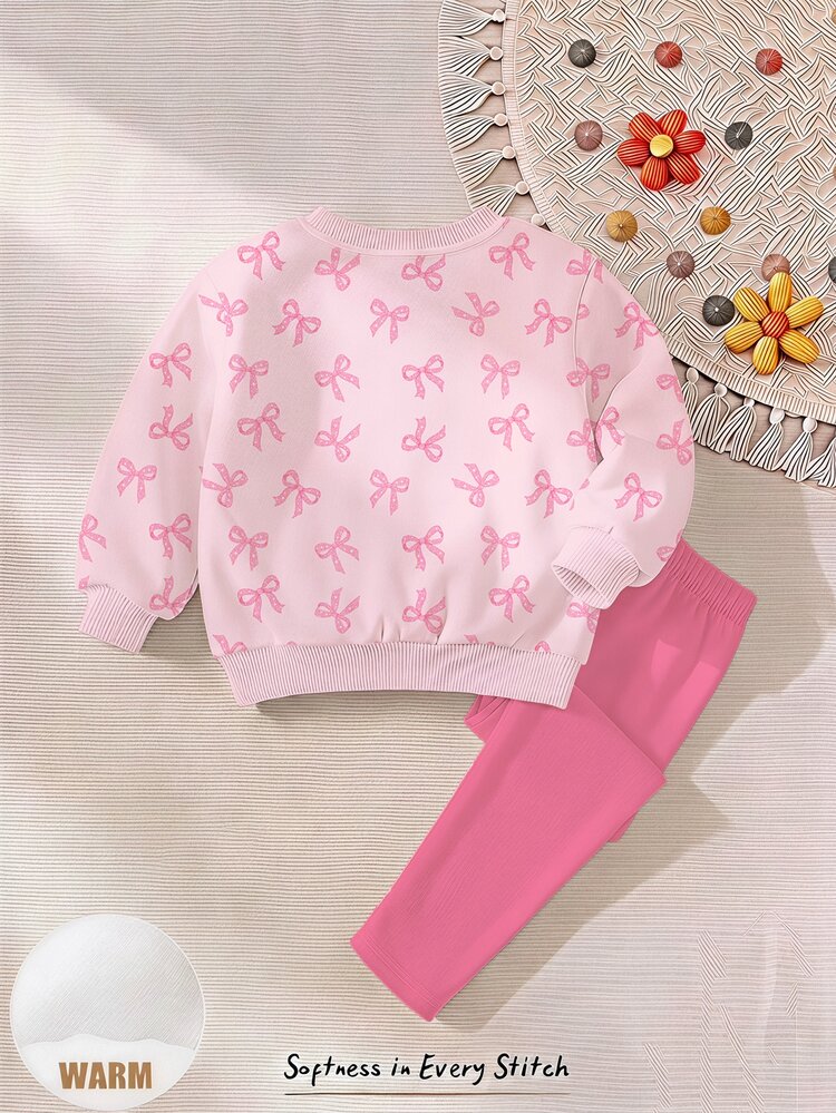 Baby Girl Casual Minimalist Cute Textured Rabbit Pattern, Polka Dot Bow, Sweet Cream Style, Loose Crew Neck Sweatshirt & Elastic Waist Long Pants Set, Suitable For Autumn/Winter, Kawaii, Cozy Fall & Winter Styles, Fall Clothes - Multicolor - View 5