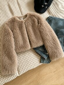 SHEIN 1件女童短款人造狐狸毛外套，柔軟蓬鬆開襟毛絨夾克，米色冬季外套，婚禮賓客學院風俐落款 - 卡其色 - 查看 4