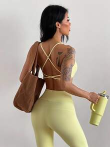 Coolane Women's Summer Yellow Cropped Sports Bra & Leggings Set, Cross Back Gym Yoga Workout Suit - Light Yellow - View 2