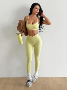 Coolane Women's Summer Yellow Cropped Sports Bra & Leggings Set, Cross Back Gym Yoga Workout Suit - Light Yellow - View 5