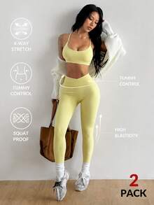 Coolane Women's Summer Yellow Cropped Sports Bra & Leggings Set, Cross Back Gym Yoga Workout Suit - Light Yellow - View 6