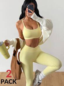 Coolane Women's Summer Yellow Cropped Sports Bra & Leggings Set, Cross Back Gym Yoga Workout Suit - Light Yellow - View 1