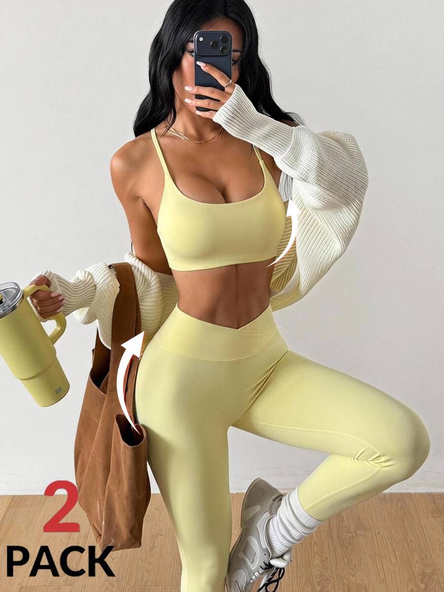 Coolane Women's Summer Yellow Cropped Sports Bra & Leggings Set, Cross Back Gym Yoga Workout Suit - Light Yellow - View 1
