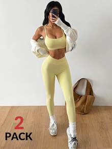 Coolane Women's Summer Yellow Cropped Sports Bra & Leggings Set, Cross Back Gym Yoga Workout Suit - Light Yellow - View 3