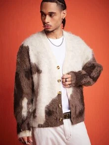 ROMWE MEN Men's Open Front Animal Texture Street Style Personalized Knit Cardigan - Multicolor - View 4