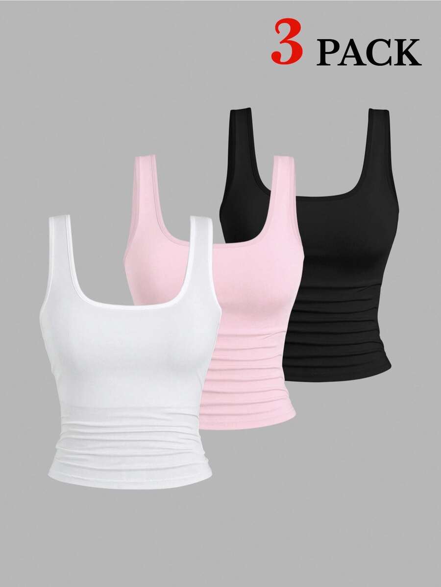 EMERY ROSE Plus Size Women's Tank Tops 3 Packs,Black And White,Summer,Elegant,Smart Casual,Everyday Pleated Round Neck Ribbed Tight Tank Top,Fashion Casual Set - Multicolor - View 1