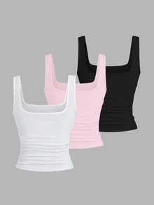 EMERY ROSE Plus Size Women's Tank Tops 3 Packs,Black And White,Summer,Elegant,Smart Casual,Everyday Pleated Round Neck Ribbed Tight Tank Top,Fashion Casual Set - Multicolor - View 2