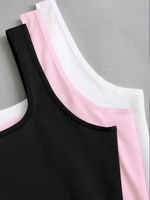 EMERY ROSE Plus Size Women's Tank Tops 3 Packs,Black And White,Summer,Elegant,Smart Casual,Everyday Pleated Round Neck Ribbed Tight Tank Top,Fashion Casual Set - Multicolor - View 11