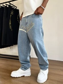 STEELVANCE 男士字母刺繡直筒牛仔褲 - 藍色 - 查看 5