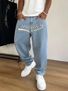 STEELVANCE 男士字母刺繡直筒牛仔褲 - 藍色 - 查看 3