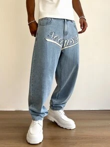 STEELVANCE 男士字母刺繡直筒牛仔褲 - 藍色 - 查看 4