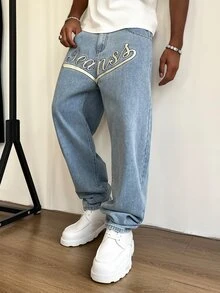STEELVANCE 男士字母刺繡直筒牛仔褲 - 藍色 - 查看 6