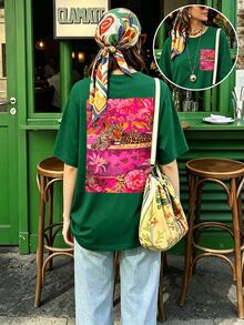 SHEIN LUNE 女款圓領短袖T恤，背面粉色花卉豹紋藝術圖案，胸前口袋，落肩寬鬆休閒上衣，復古波希米亞風 - 綠色 - 查看 1