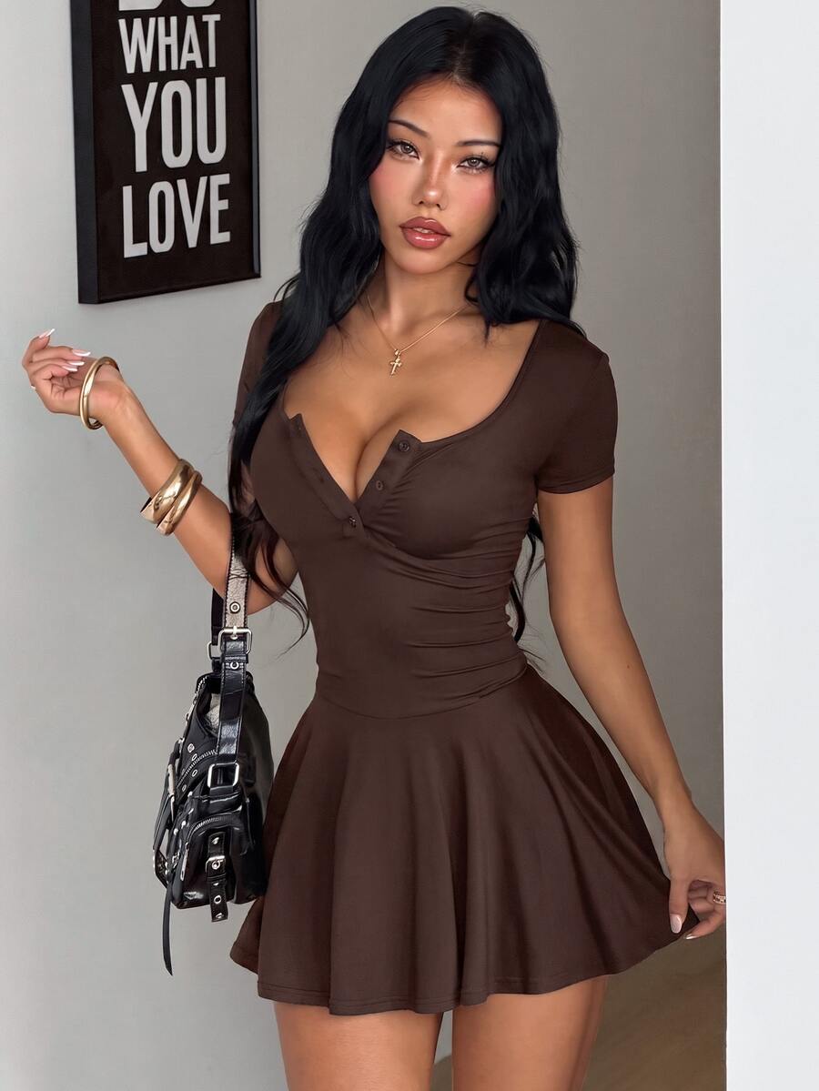 Coolane Women's Summer Grunge Preppy Casual Button Down Fitted Short Dress - Brown - View 1